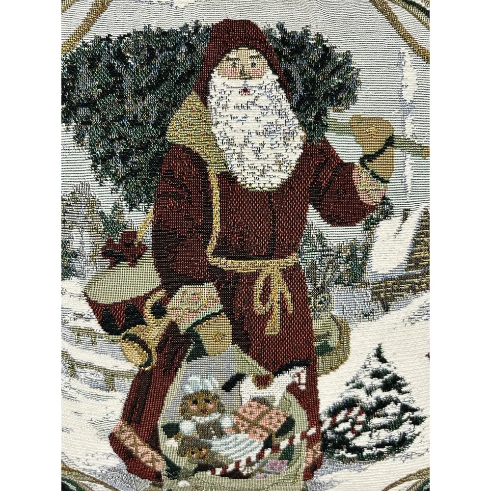 Christmas Tapestry Throw Pillow Old World Santa Snow Tree Red Velvet 14